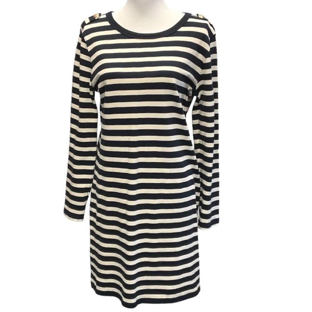 Joe Fresh Fisherman Striped Cotton Long Sleeves Shift Dress Size M Black Cream